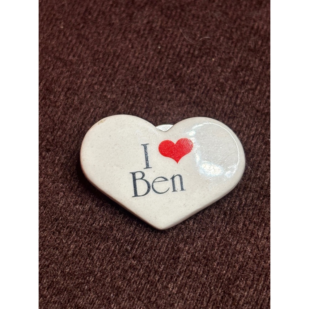 Vintage 1981 Earthy Endeavors Ceramic "I ❤️ Ben" Heart Pin Lapel Badge